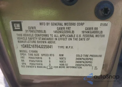 2004 GMC Yukon Xl 1500 Slt из США, поврежденный, VIN 1GKEC16T64J225841